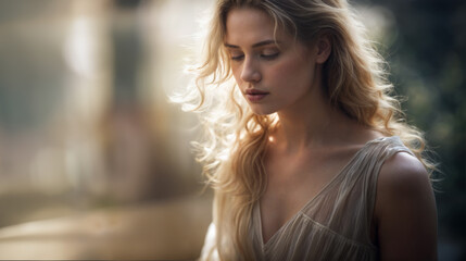 Candid portrait of a young woman standing outdoors and looking downward with a sad expression on her face. Copy space.