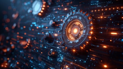 Close-up view of a futuristic circuit board with glowing elements, showcasing advanced technology and innovation in electronics.