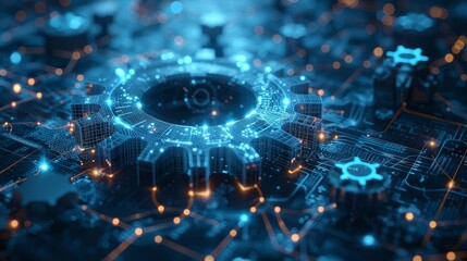 Obraz premium Futuristic digital circuit with glowing blue technology gear and electronic components, representing advanced tech and innovation.
