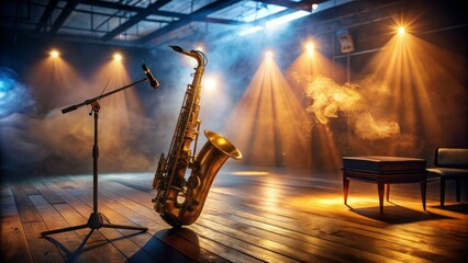A lone saxophone rests on a dimly lit, smoky nightclub stage, surrounded by scattered music sheets and a single spotlight, evoking a sense of jazzy nostalgia.