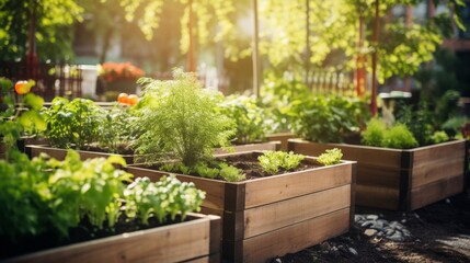 A garden with many plants in wooden boxes. The plants are green and healthy. The garden is well-maintained and has a peaceful atmosphere