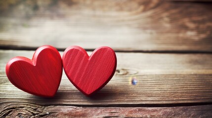 Two red hearts are placed on a wooden surface. Concept of love and affection