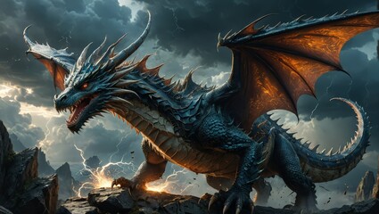 Fierce Blue Dragon Roaring with Lightning