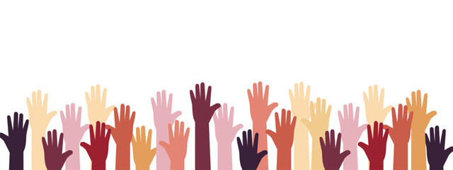Raised hands of volunteer group, colorful banner.Vector illustration