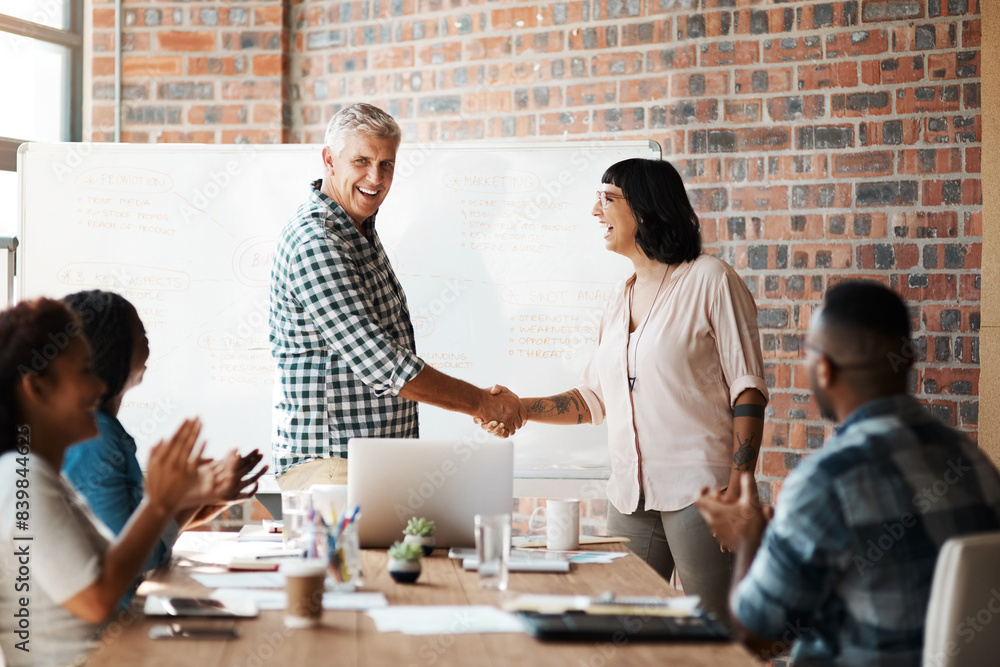 Poster Man, woman and handshake for welcome to startup with smile, support and introduction to team on office. Business people, leader and shaking hands with new employee with deal, agreement and applause