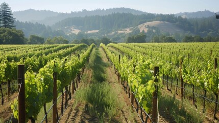 Fototapeta premium Tranquil Vineyard Bliss - A Serene Landscape of Rolling Vineyard Rows Bathed in Sunlight