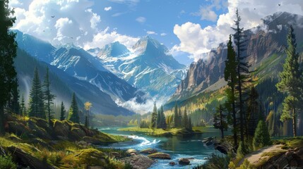 Serene Majesty: A Captivating National Park Landscape of Mountains, Trees, and River