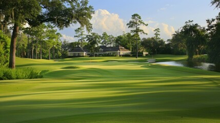 Obraz premium Serene Golf Course Landscape - Lush Fairways, Manicured Greens, and Prestigious Clubhouse in Scenic View