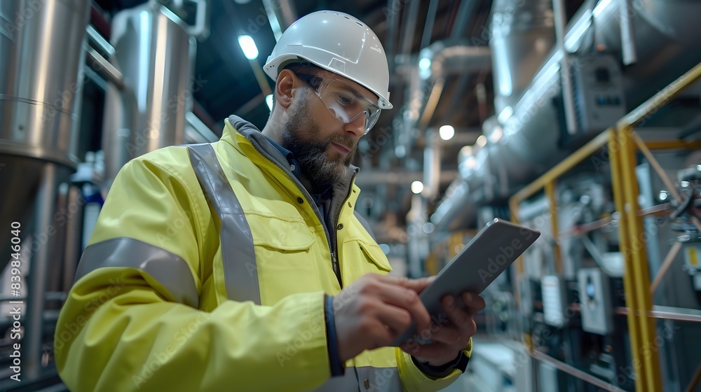 Poster network engineer utilizing tablet to manage wireless communications in factory setting