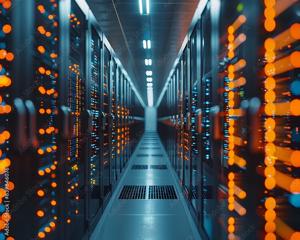 Poster high tech server room hosting e commerce platforms with rows of equipment and illuminated infrastruc