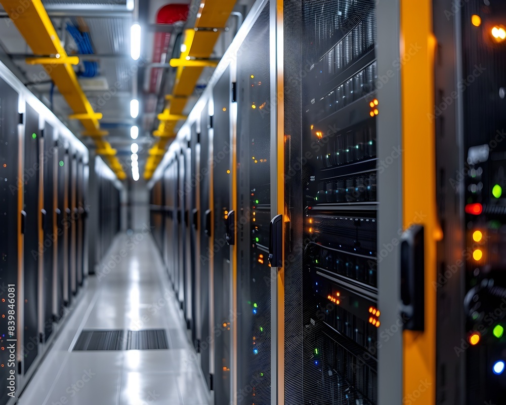 Poster high tech server room hosting e commerce platforms with rows of equipment