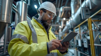 Network Engineer Utilizing Tablet to Manage Wireless Communications in Factory Setting