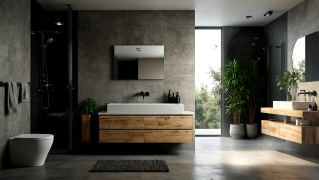 Gray bathroom sink standing on a wooden shelf. A square mirror hanging on a gray wall. A side view. 3d rendering