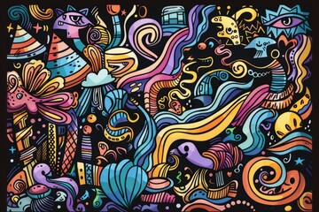 Cartoon cute doodles of colorful lines and shapes forming a lively scene, Generative AI