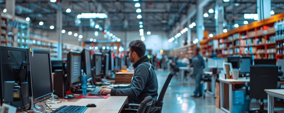 Busy E commerce Office Workspace with Active Staff and Ongoing