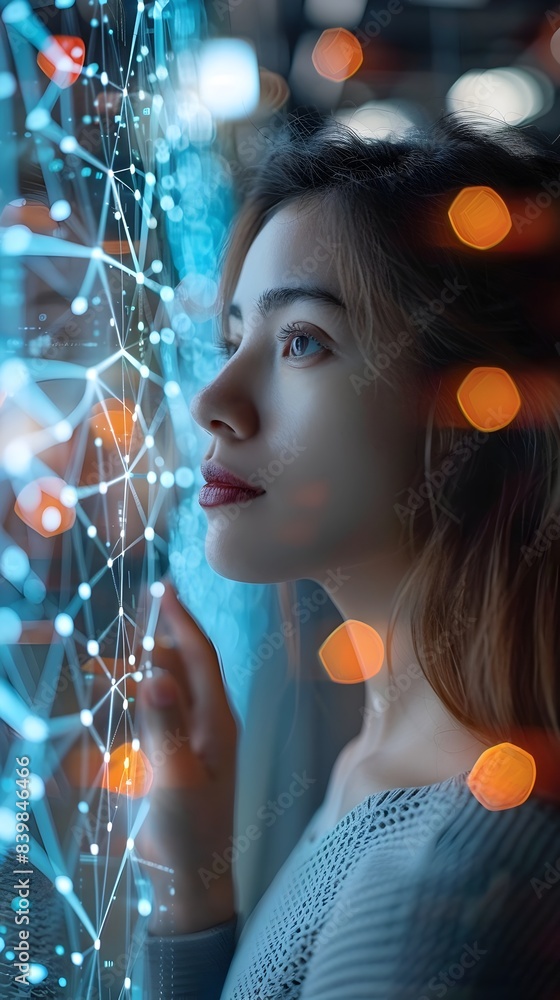 Poster thoughtful woman using digital interface for professional networking and communication in corporate 