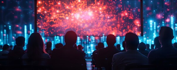 Digital Networking Event with Interactive Screens and Live Data Updates in Vibrant Cityscape Atmosphere