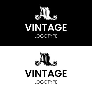 An A logo design in elegant retro vintage style with decorative ornaments lines and curves