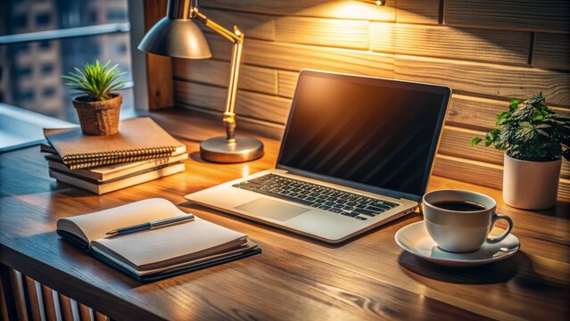 A dimly lit, cluttered, and organized workspace on a wooden desk featuring a laptop, notebooks, and scattered papers with a cup of coffee.