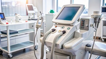 Close-up of advanced medical equipment, including a handheld laser device and a control console, used for hair removal procedures on a sleek, modern medical cart.