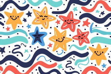 Cartoon cute doodles of funky patterns with happy stars and wavy lines, Generative AI