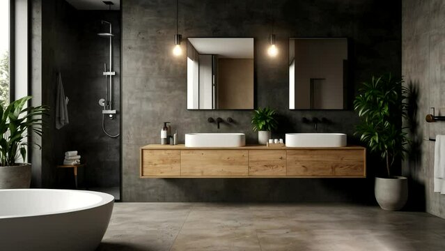 Gray bathroom sink standing on a wooden shelf. A square mirror hanging on a gray wall. A side view. 3d rendering