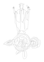 One continuous line of Graduation, man wearing Mortarboard with rose flowers. Thin Line Illustration vector concept. Contour Drawing Creative ideas.