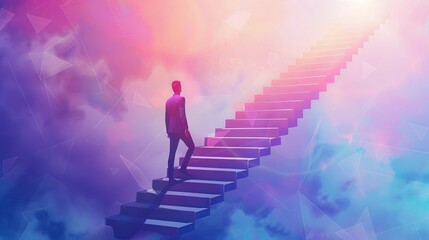 Step to success, improvement, challenge or career growth development, leadership progress, career path direction or stairway to win business concept, businessman walk up arrow stair for victory