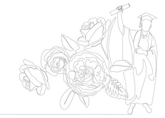 One continuous line of Graduation, man wearing Mortarboard with rose flowers. Thin Line Illustration vector concept. Contour Drawing Creative ideas.