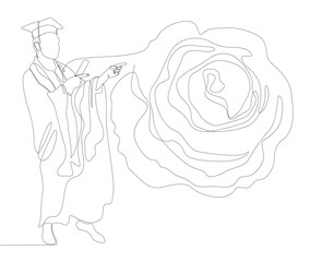 One continuous line of Graduation, man wearing Mortarboard with rose flowers. Thin Line Illustration vector concept. Contour Drawing Creative ideas.