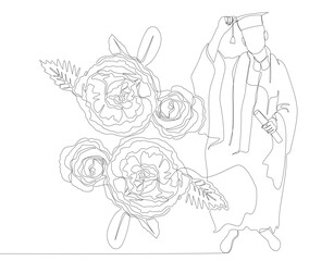 One continuous line of Graduation, man wearing Mortarboard with rose flowers. Thin Line Illustration vector concept. Contour Drawing Creative ideas.