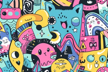 Cartoon cute doodles of geometric shapes and colorful patterns with playful faces, Generative AI