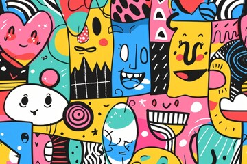 Obraz premium Cartoon cute doodles of geometric shapes and colorful patterns with playful faces, Generative AI