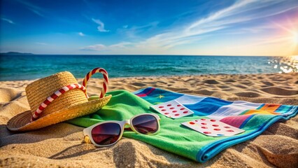 Colorful beach towel and scattered playing cards on sandy beach surrounded by sunglasses, sandals, and refreshing summer treats under a sunny blue sky.