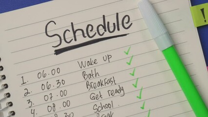 top view panning shot of daily routine checklist on book