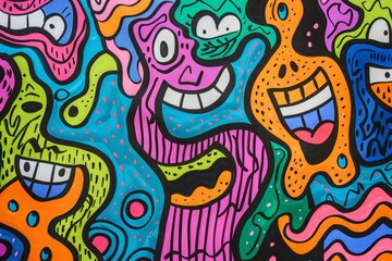 Cartoon cute doodles of playful zigzags and dots with cheerful faces, Generative AI.
