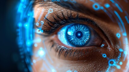 A close-up of a human eye enhanced with digital and cybernetic elements, showcasing a futuristic interface. The intricate blue patterns highlight the integration of technology with human vision.