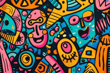 Fototapeta premium Cartoon cute doodles of vibrant patterns with geometric shapes and smiling characters, Generative AI