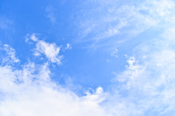 beautiful blue sky and white fluffy group of clouds with sunrise in the morning, natural background
