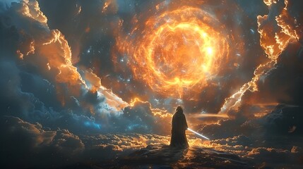 A silhouette of a hero holding a glowing sword against a backdrop of swirling cosmic energy, Generative AI