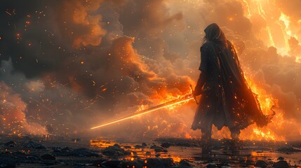 A warrior holding a glowing sword aloft, ready for battle, with sparks flying off the blade, Generative AI