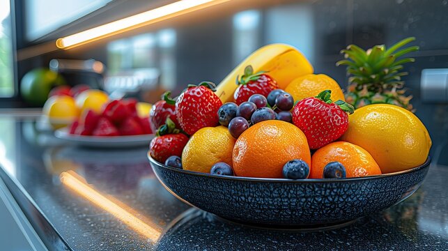 Close-up of a kitchen with a bowl of colorful fruits on the counter.