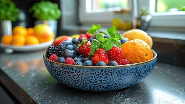 Close-up of a kitchen with a bowl of colorful fruits on the counter.