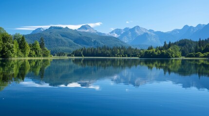Tranquil Reflections: Serene Lake with Mountain and Tree Reflections