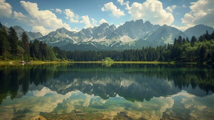 Naklejka premium Serene Lake Reflection: Tranquil Beauty of Mountain and Tree Scenery