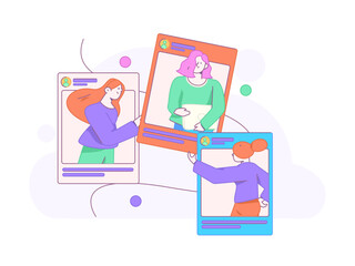 Virtual characters social communication concept business flat vector hand drawn illustration
