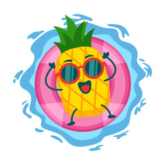 illustration of pineapple mascot character floating in the ocean