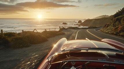 Driving into the Sun: Convertible Car on Scenic Coastal Road with Open Roof and Ocean View