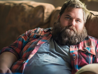 Obraz premium A man with a beard sitting on a couch.
