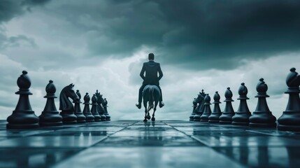 Strategic move, leadership to lead team with strategy, challenge to success, courage and confidence to win business competition concept, businessman riding chess knight lead team to win chess victory